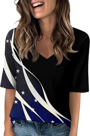4th of July Patriotic Shirts for Women Half Sleeve American Flag V Neck Tops Trendy Blouses Graphic Clothing