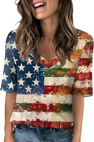 4th of July Patriotic Shirts for Women Half Sleeve American Flag V Neck Tops Trendy Blouses Graphic Clothing