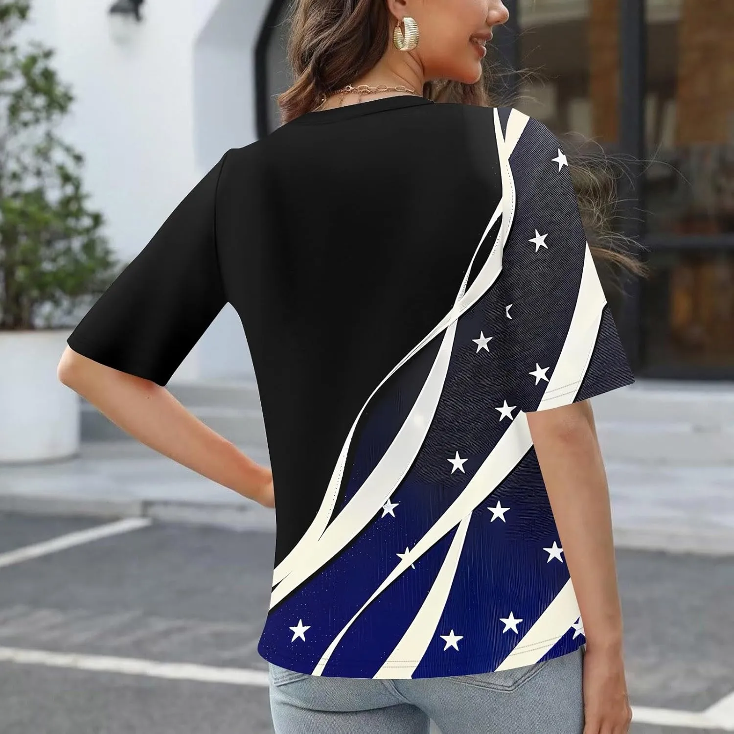 4th of July Patriotic Shirts for Women Half Sleeve American Flag V Neck Tops Trendy Blouses Graphic Clothing