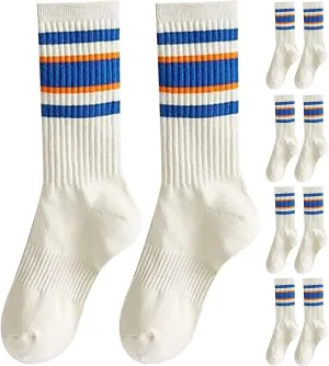 5 Pair Crew Socks for Women Rainbow Stripe Mid Tube Running Hiking Athletic Compression Socks Comfort Sports Hosiery