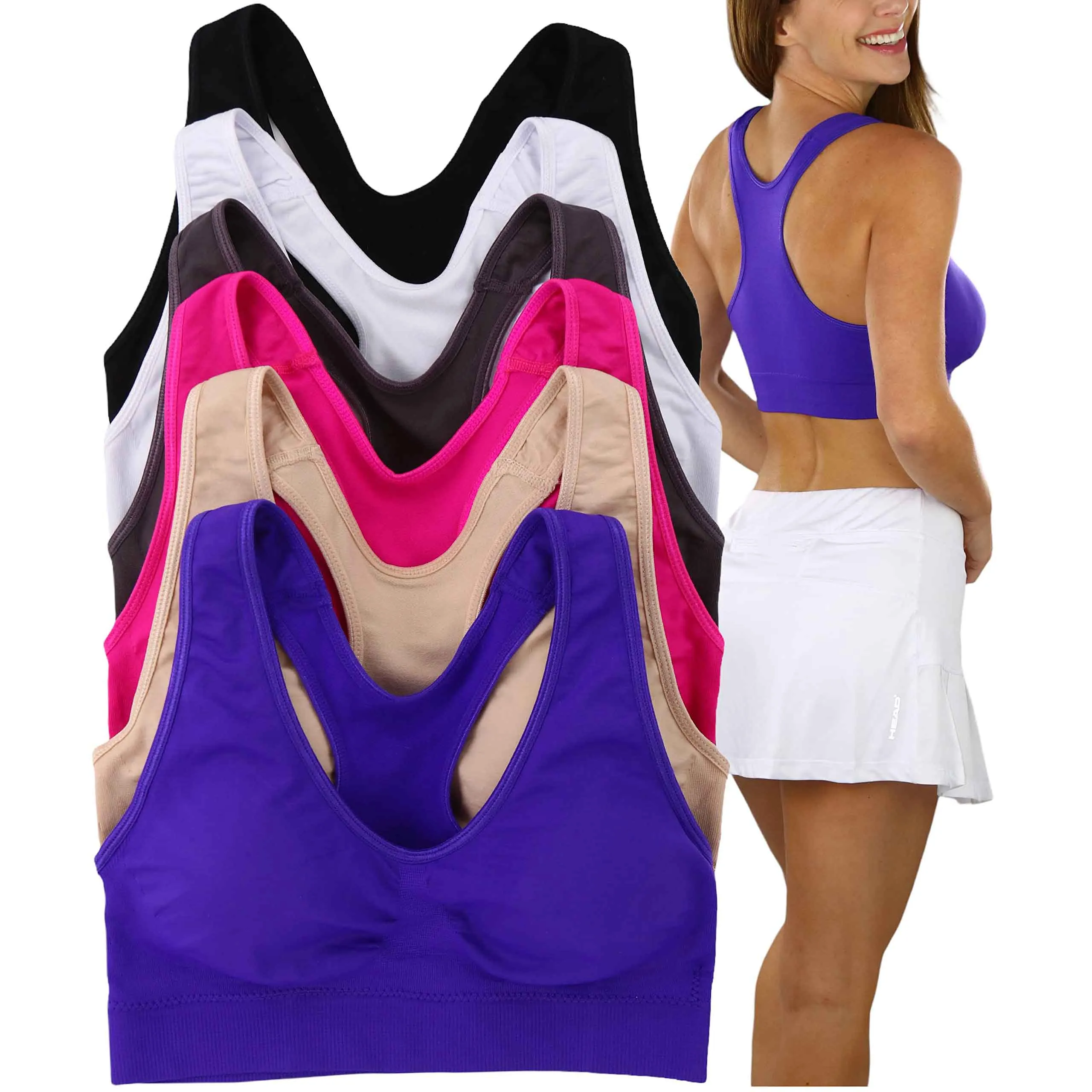 6-Pack: ToBeInStyle Women's Comfortable and Supportive Racerback Sports Bras