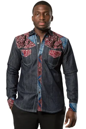 Adi African Print Light Denim Jeans Men Shirt - Dark Grey, Red
