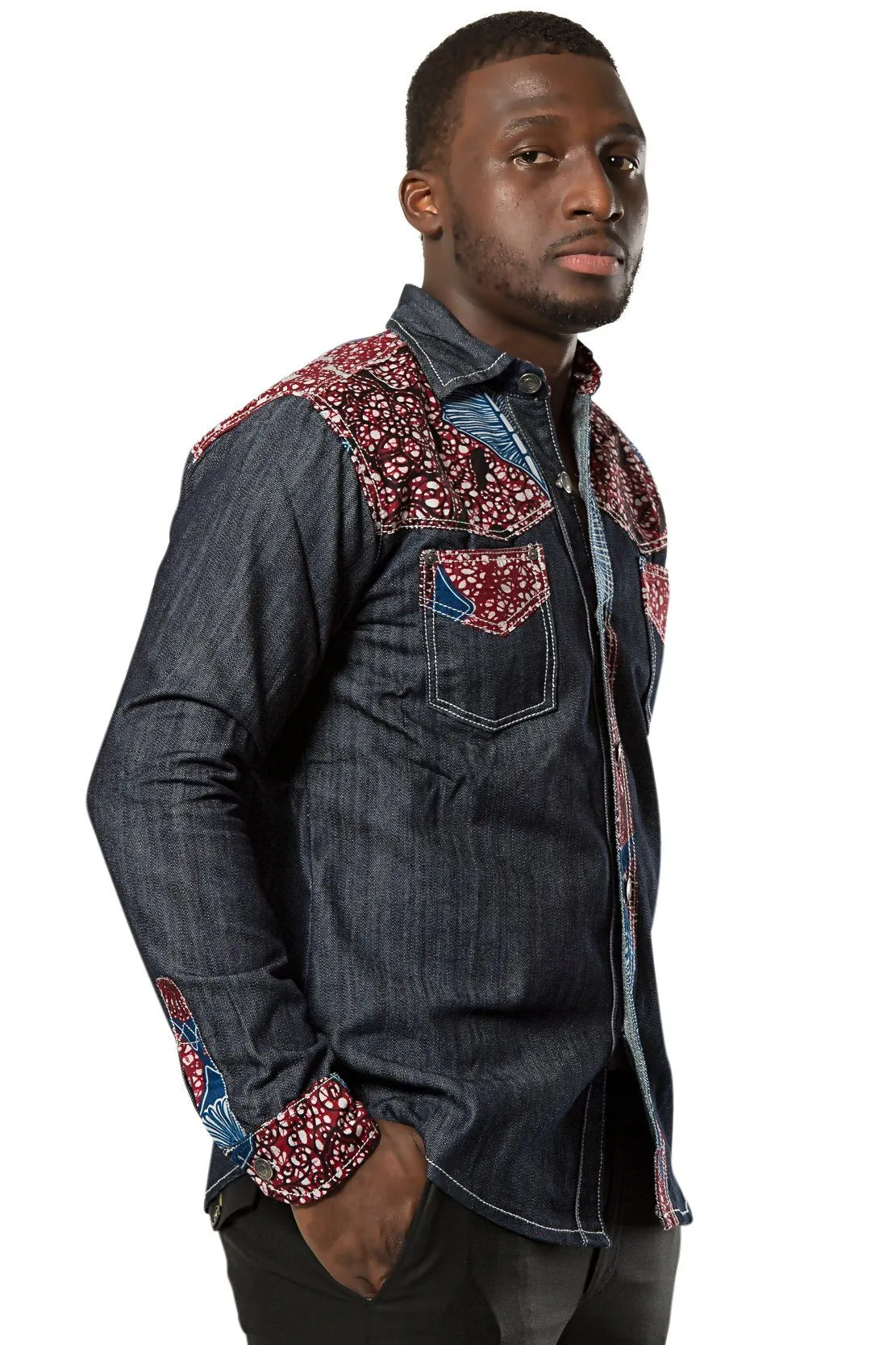 Adi African Print Light Denim Jeans Men Shirt - Dark Grey, Red