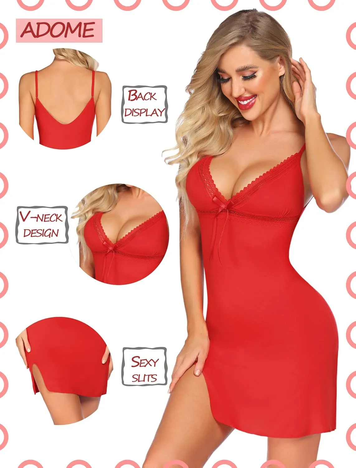 ADOME Women Slip Lingerie Lace Chemise Babydoll Nightgown V-Neck Full Slip Dress
