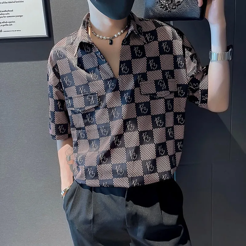 Aidase Summer Brand Plaid Shirts Men Half Sleeve Loose Pullover Fashion V Neck Business Casual Shirt Social Party Tuxedo Blouse