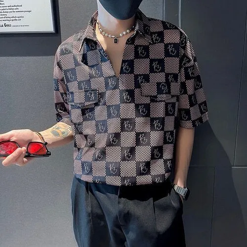 Aidase Summer Brand Plaid Shirts Men Half Sleeve Loose Pullover Fashion V Neck Business Casual Shirt Social Party Tuxedo Blouse