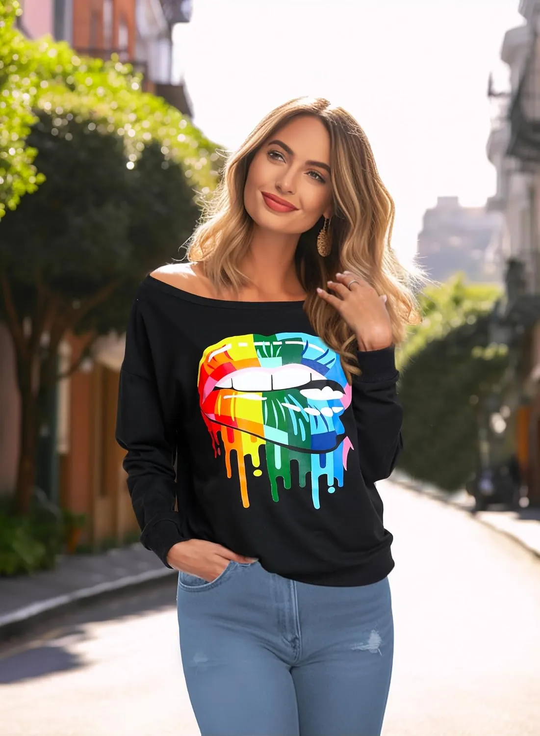 AM CLOTHES Sweatshirt for Women Off Shoulder Oversized Sweatshirts Long Sleeve Sweaters Shirts Tops