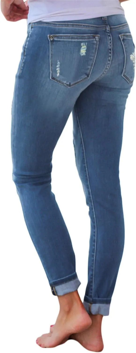 Andongnywell Ladies Leopard Print Ripped Patch Stretch Jeans Mid Waist Skinny Destroyed Denim Pants Stretch Trousers