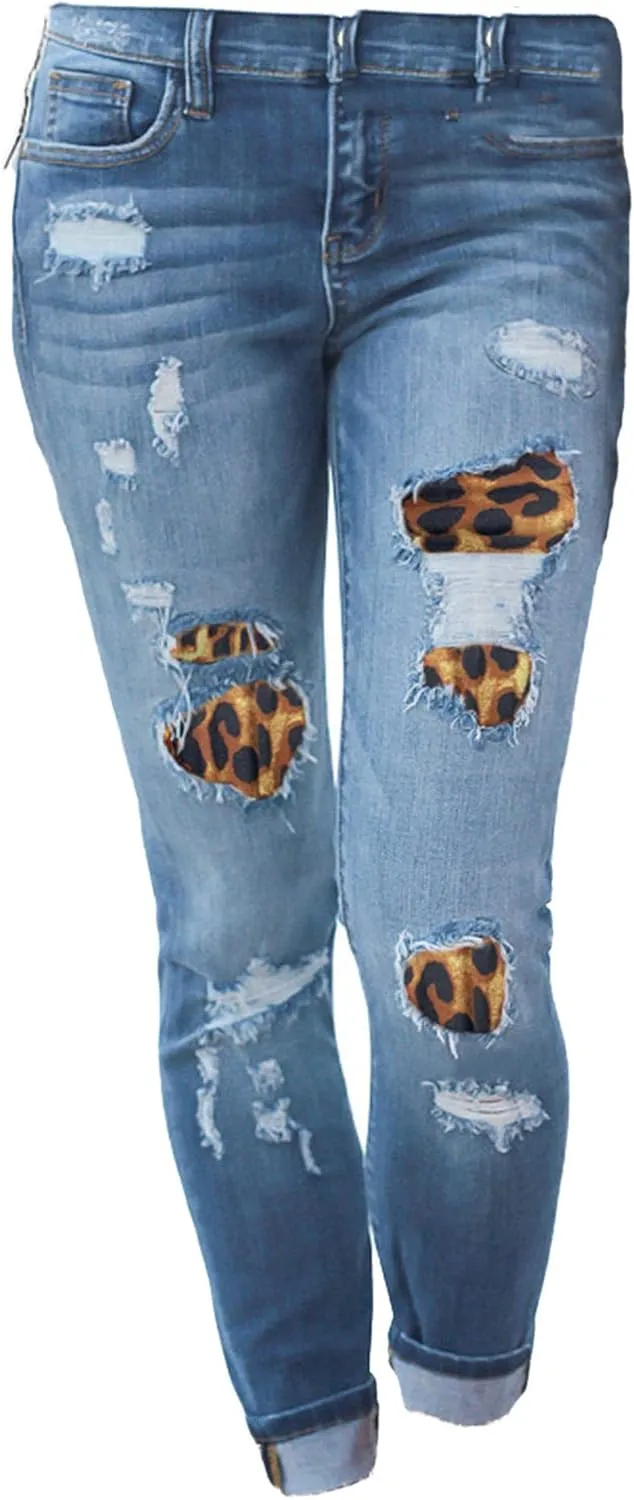 Andongnywell Ladies Leopard Print Ripped Patch Stretch Jeans Mid Waist Skinny Destroyed Denim Pants Stretch Trousers