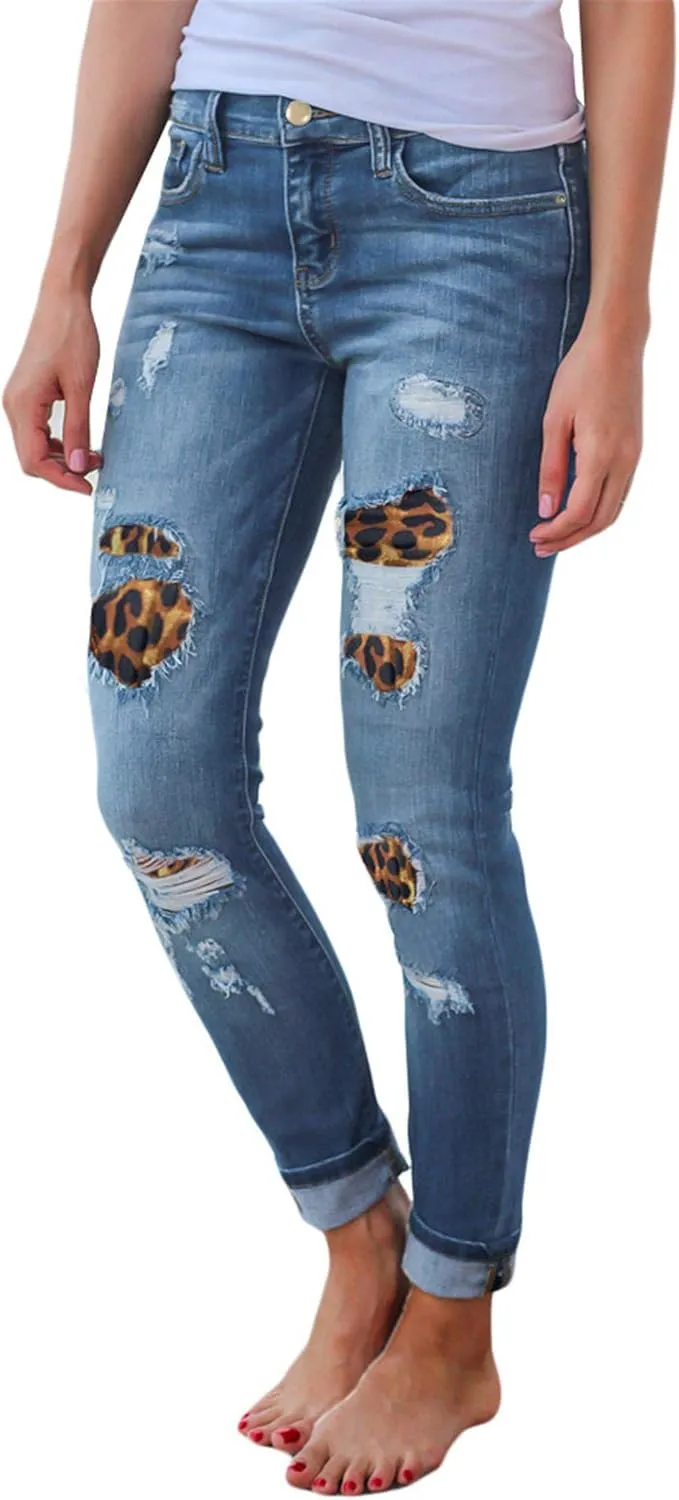 Andongnywell Ladies Leopard Print Ripped Patch Stretch Jeans Mid Waist Skinny Destroyed Denim Pants Stretch Trousers