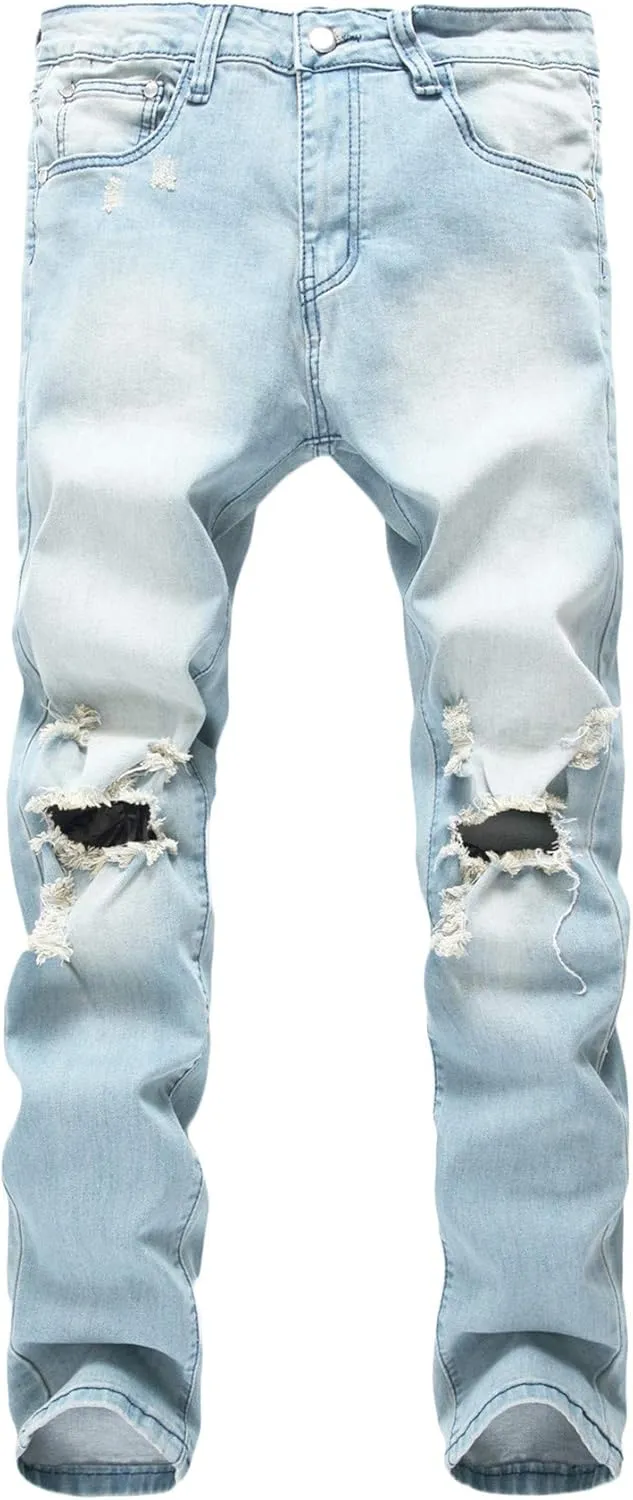 Andongnywell Men's Slim Fit Stretch Destroyed Skinny Zipper Denim Pencil Pants Causal Slim Fit Stretch Ripped Jeans