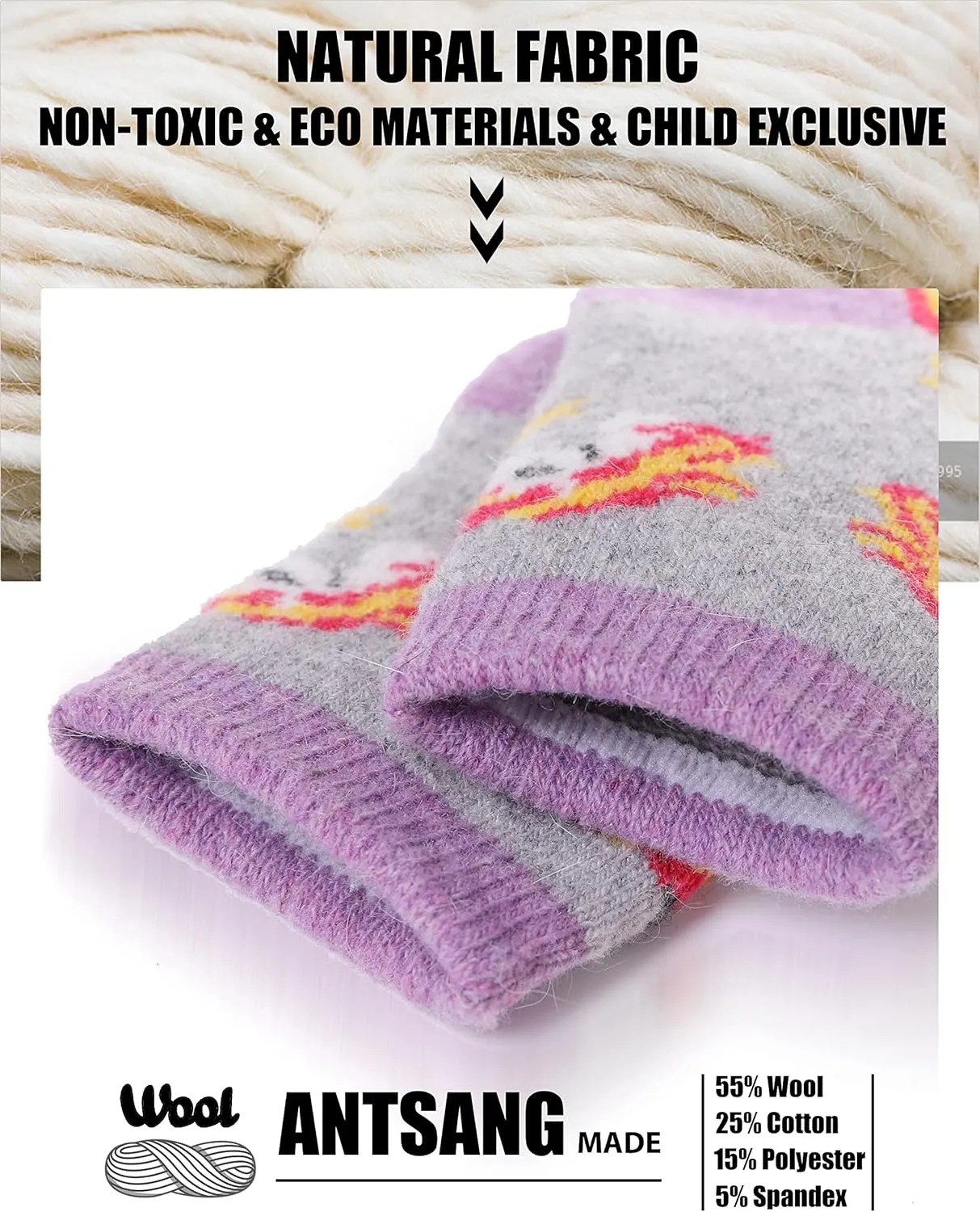 ANTSANG Kids Merino Wool Hiking Socks for Toddlers Boys Girls Warm Thick Thermal Crew Boot Heavy Cozy Gift Socks 6 Pairs