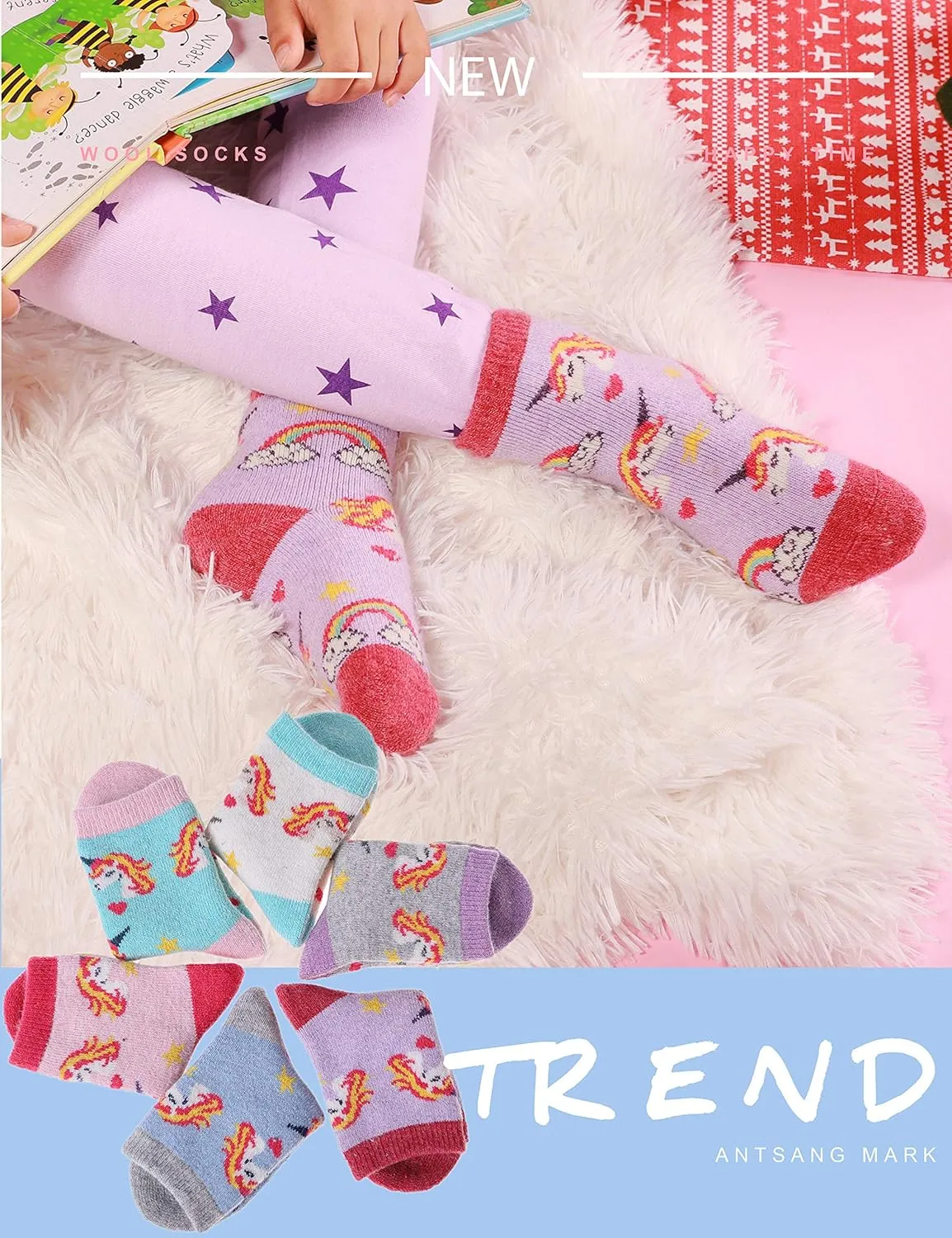 ANTSANG Kids Merino Wool Hiking Socks for Toddlers Boys Girls Warm Thick Thermal Crew Boot Heavy Cozy Gift Socks 6 Pairs