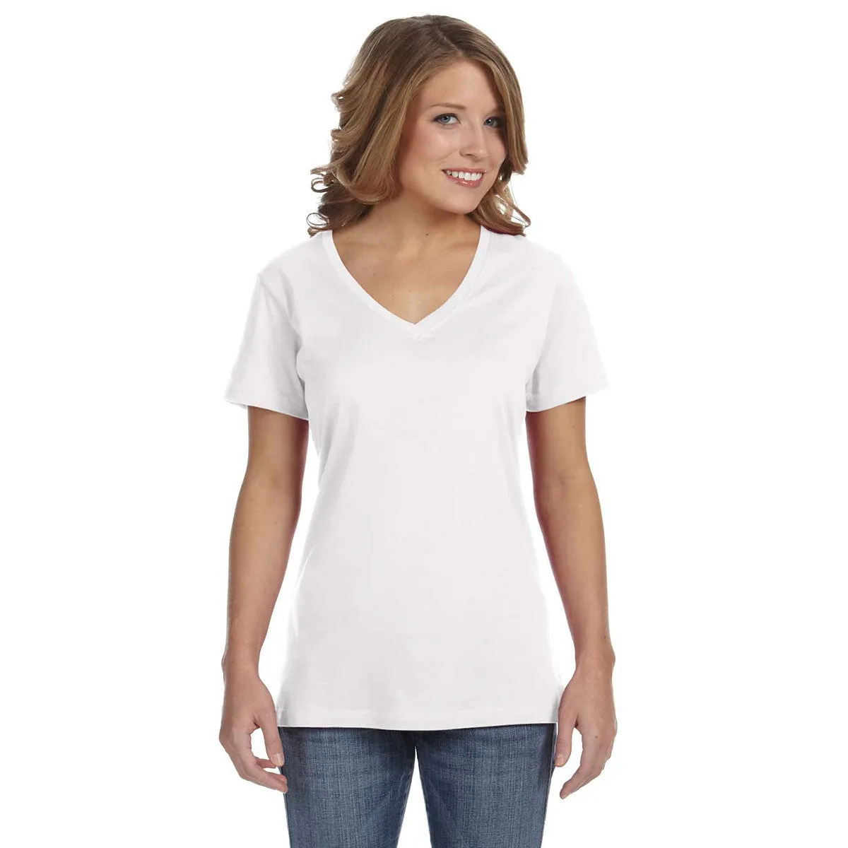 Anvil Women's White Ringspun Featherweight V-Neck T-Shirt