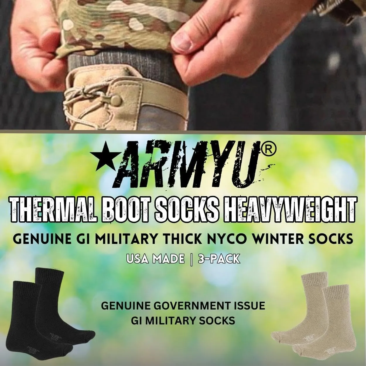 Army Universe Thermal Boot Socks Heavyweight Genuine GI NYCO Extreme Cold Weather Warm Thick Boot Socks USA Made 3-Pack