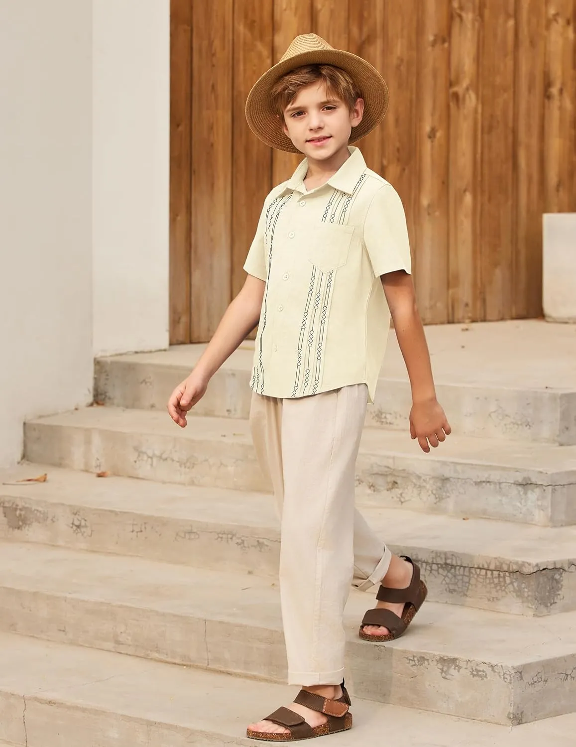 Arshiner Boys Cotton Linen Cuban Guayabera Shirt