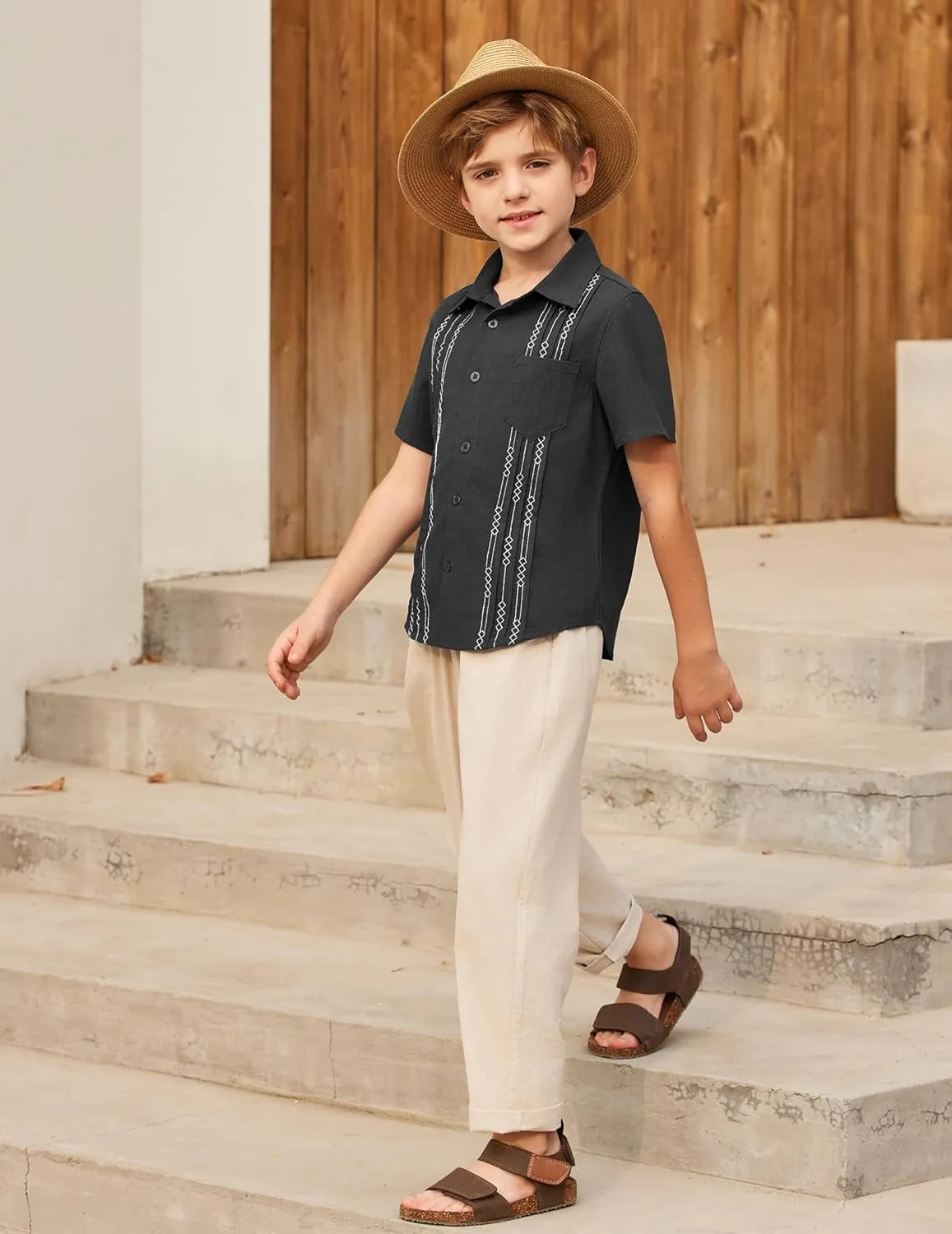Arshiner Boys Cotton Linen Cuban Guayabera Shirt