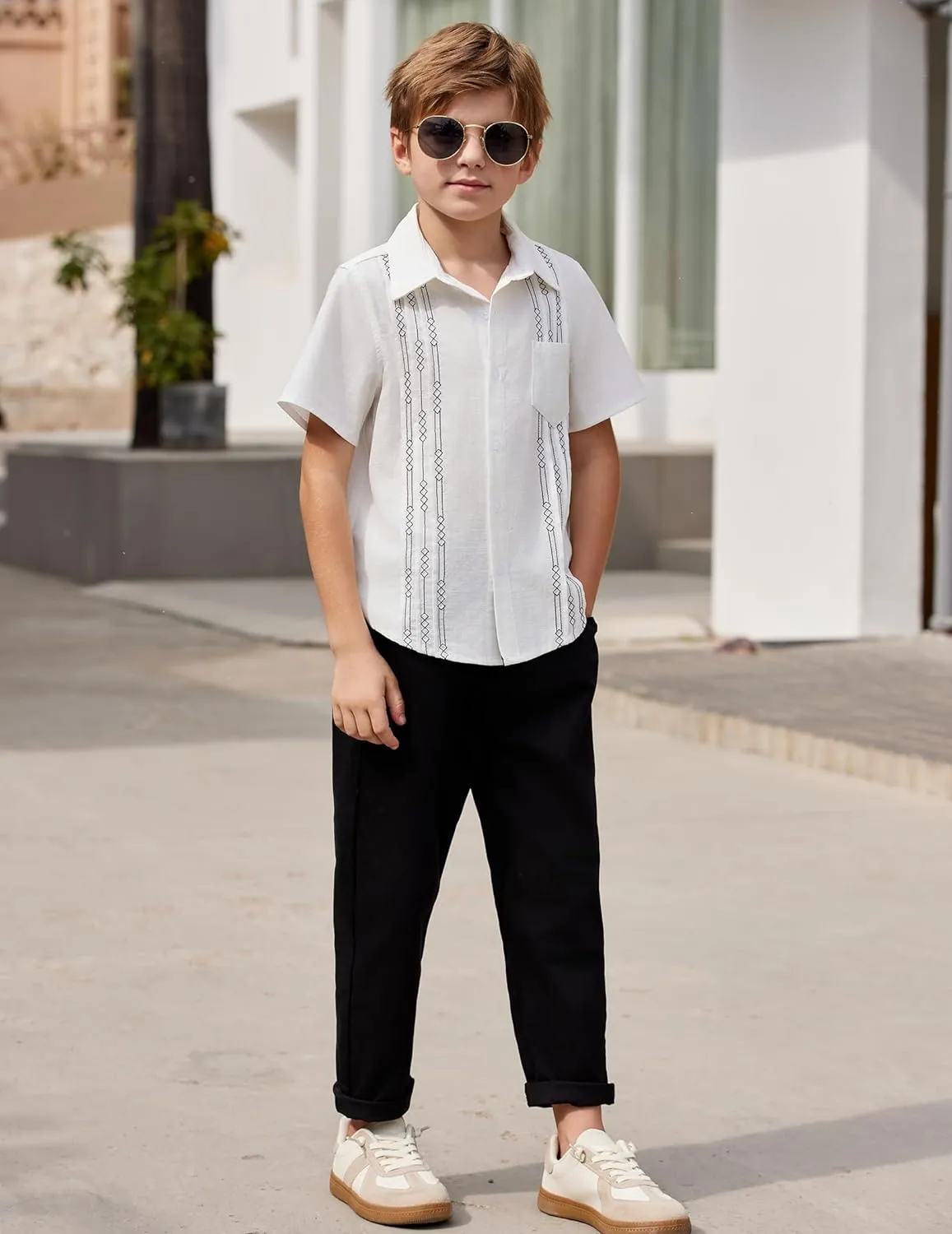 Arshiner Boys Cotton Linen Cuban Guayabera Shirt