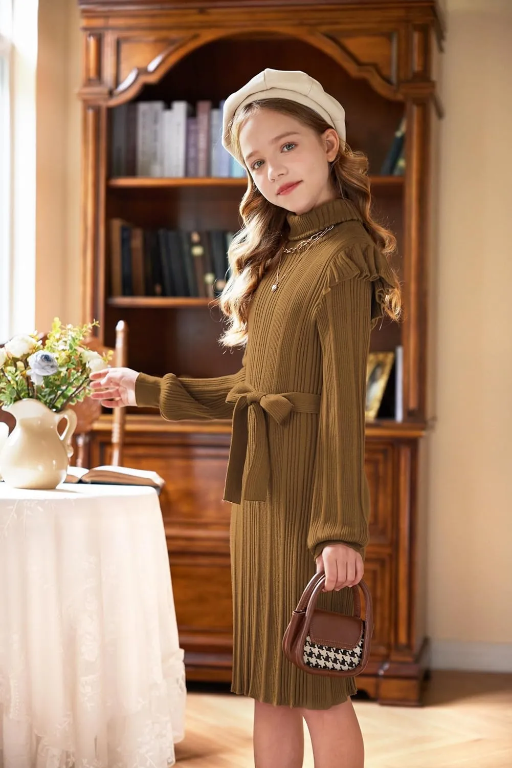 Arshiner Girls Sweater Dress Ruffled Long Sleeve Turtleneck Knit Midi Dress