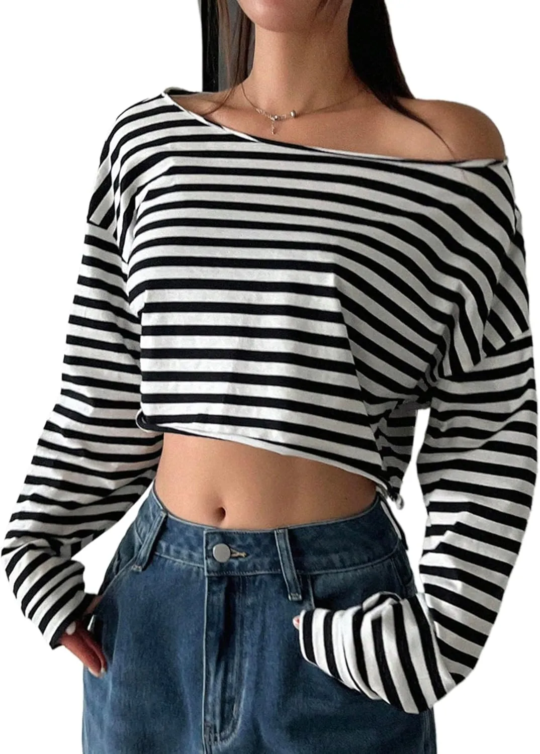 Avanova Women Off Shoulder Boat Neck Crop Tops Long Sleeves Oversized Loose Tee Shirts