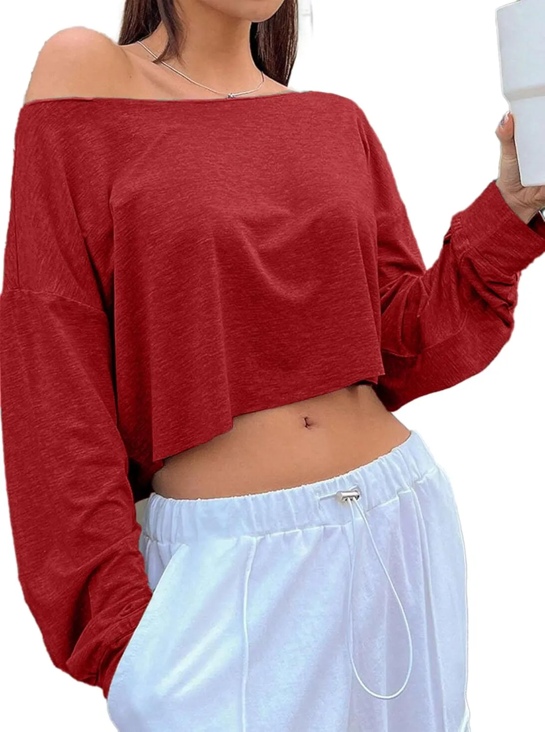 Avanova Women Off Shoulder Boat Neck Crop Tops Long Sleeves Oversized Loose Tee Shirts