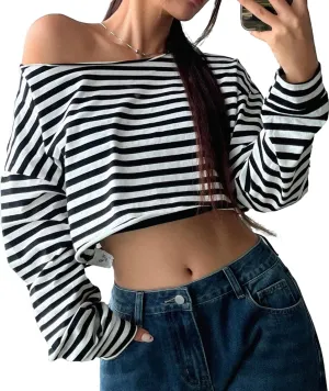 Avanova Women Off Shoulder Boat Neck Crop Tops Long Sleeves Oversized Loose Tee Shirts