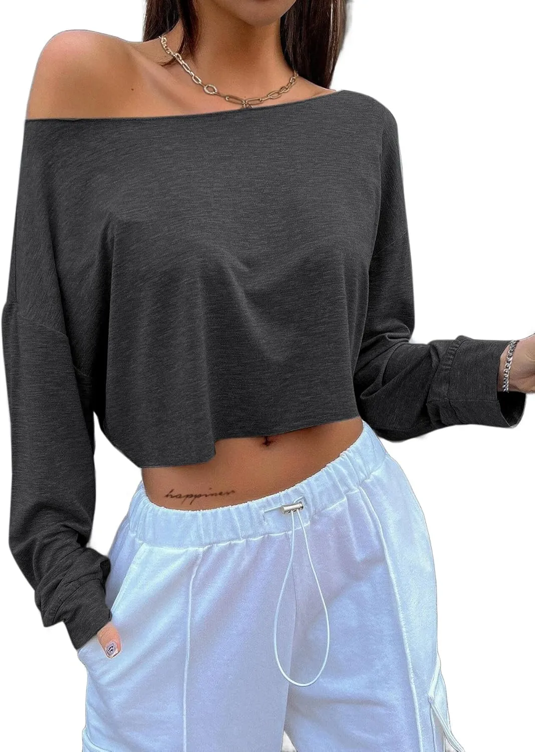 Avanova Women Off Shoulder Boat Neck Crop Tops Long Sleeves Oversized Loose Tee Shirts