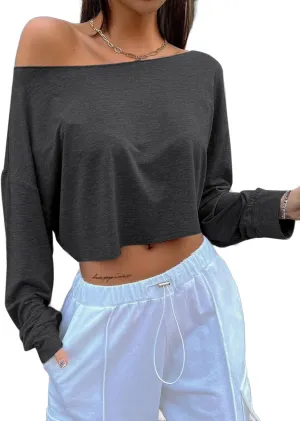 Avanova Women Off Shoulder Boat Neck Crop Tops Long Sleeves Oversized Loose Tee Shirts