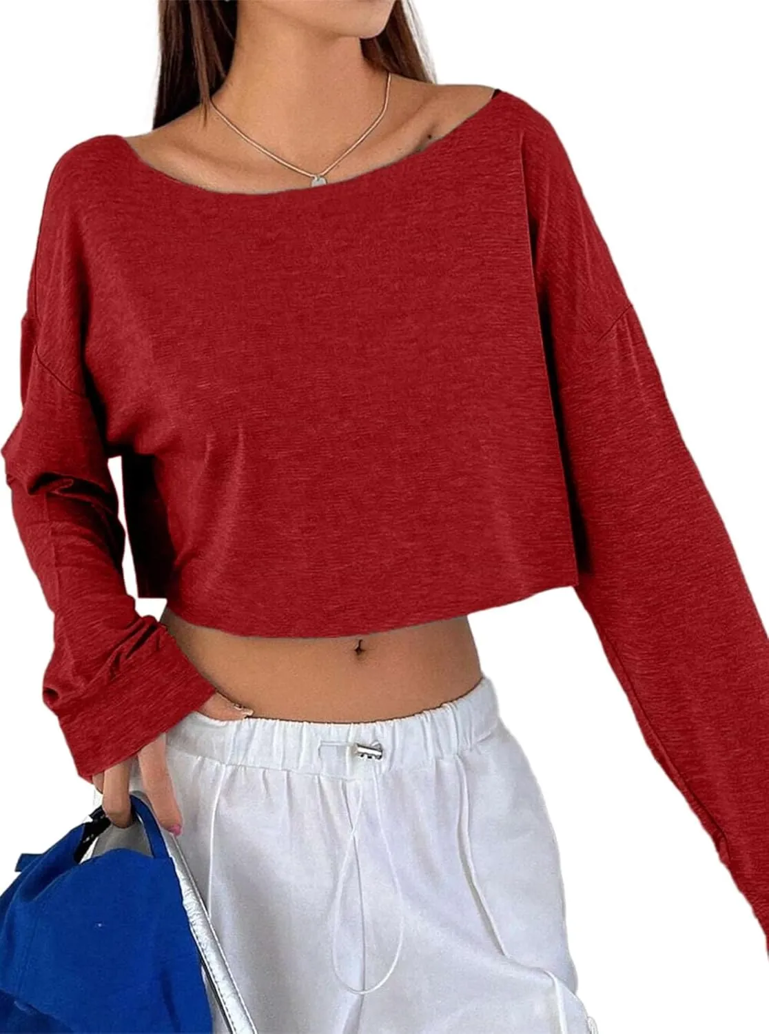 Avanova Women Off Shoulder Boat Neck Crop Tops Long Sleeves Oversized Loose Tee Shirts
