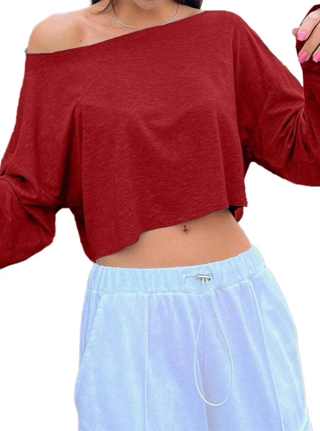 Avanova Women Off Shoulder Boat Neck Crop Tops Long Sleeves Oversized Loose Tee Shirts