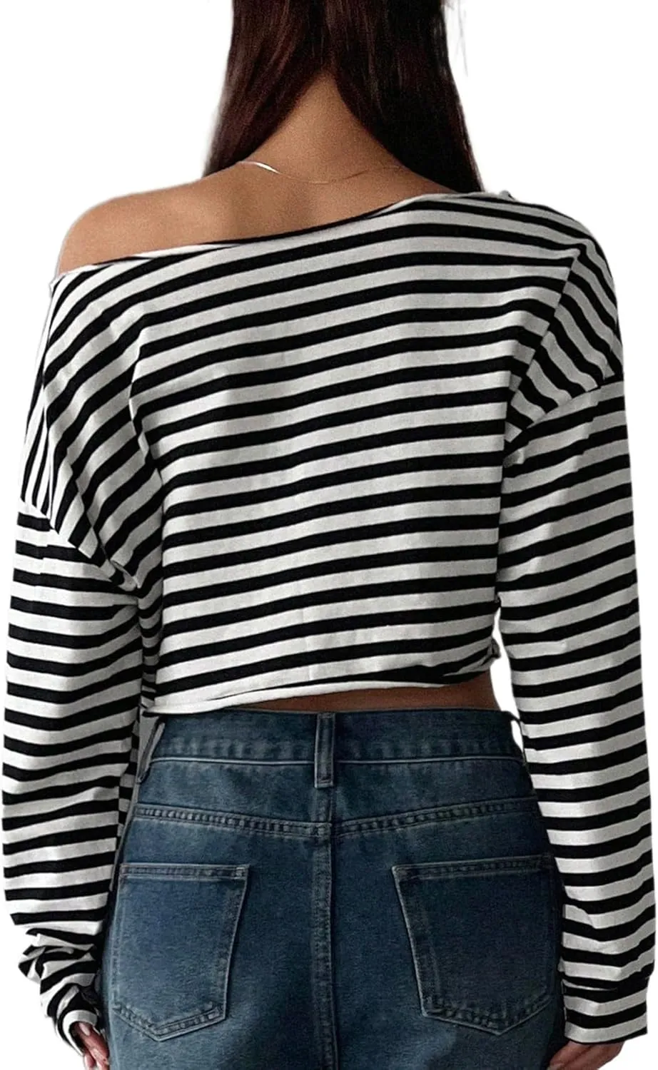 Avanova Women Off Shoulder Boat Neck Crop Tops Long Sleeves Oversized Loose Tee Shirts