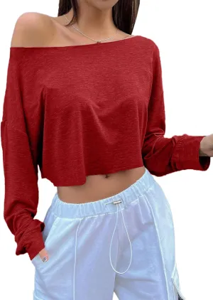 Avanova Women Off Shoulder Boat Neck Crop Tops Long Sleeves Oversized Loose Tee Shirts