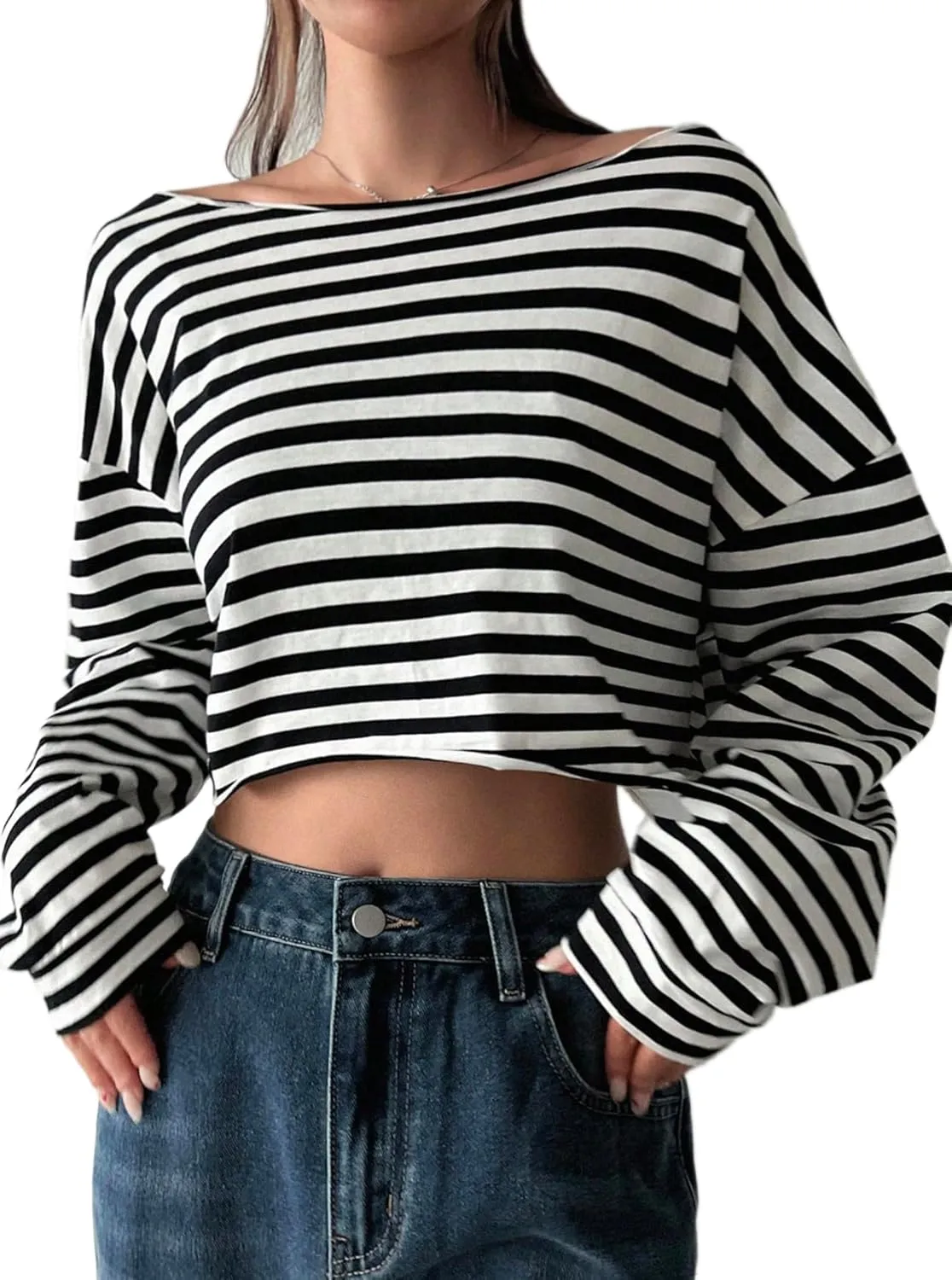 Avanova Women Off Shoulder Boat Neck Crop Tops Long Sleeves Oversized Loose Tee Shirts