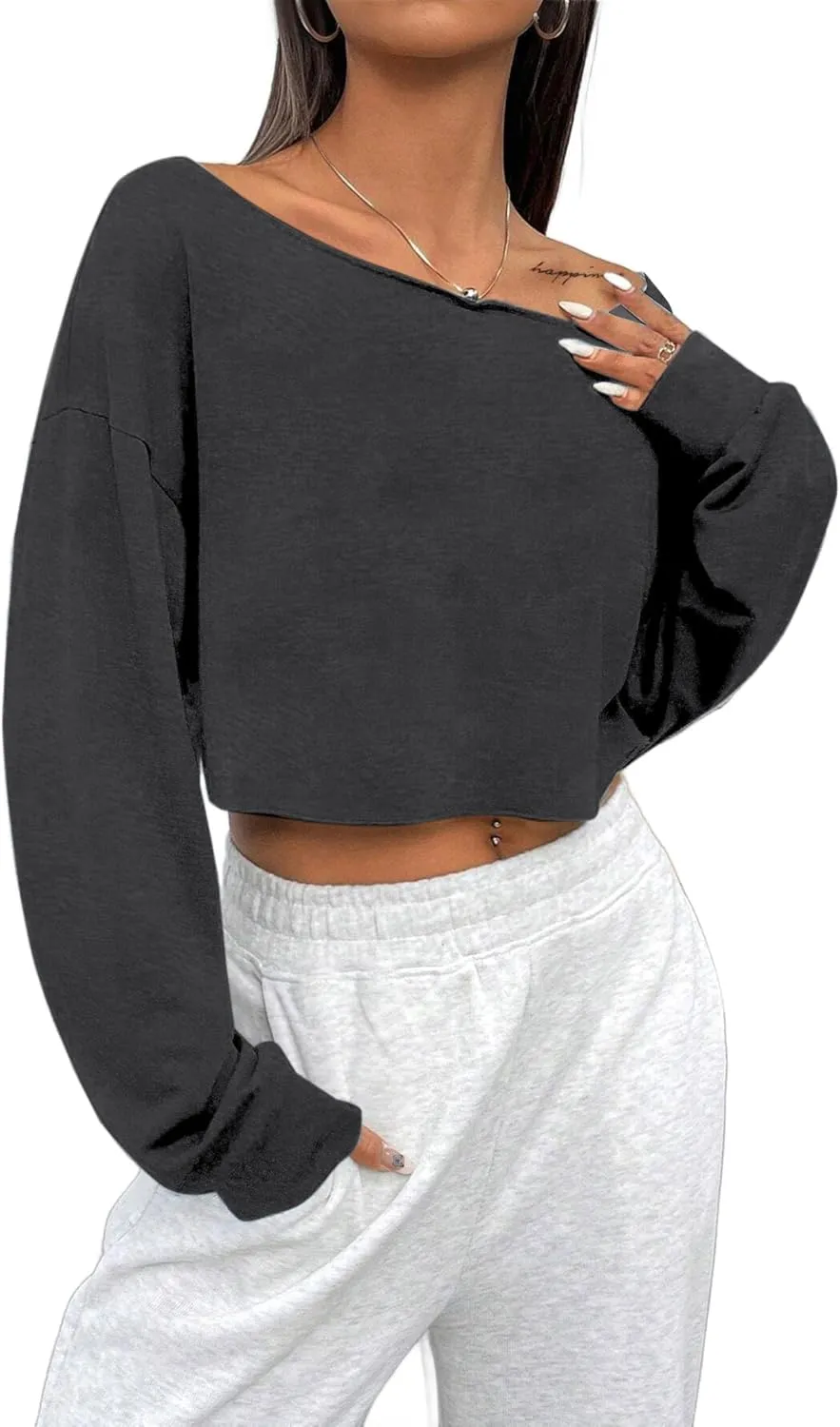Avanova Women Off Shoulder Boat Neck Crop Tops Long Sleeves Oversized Loose Tee Shirts