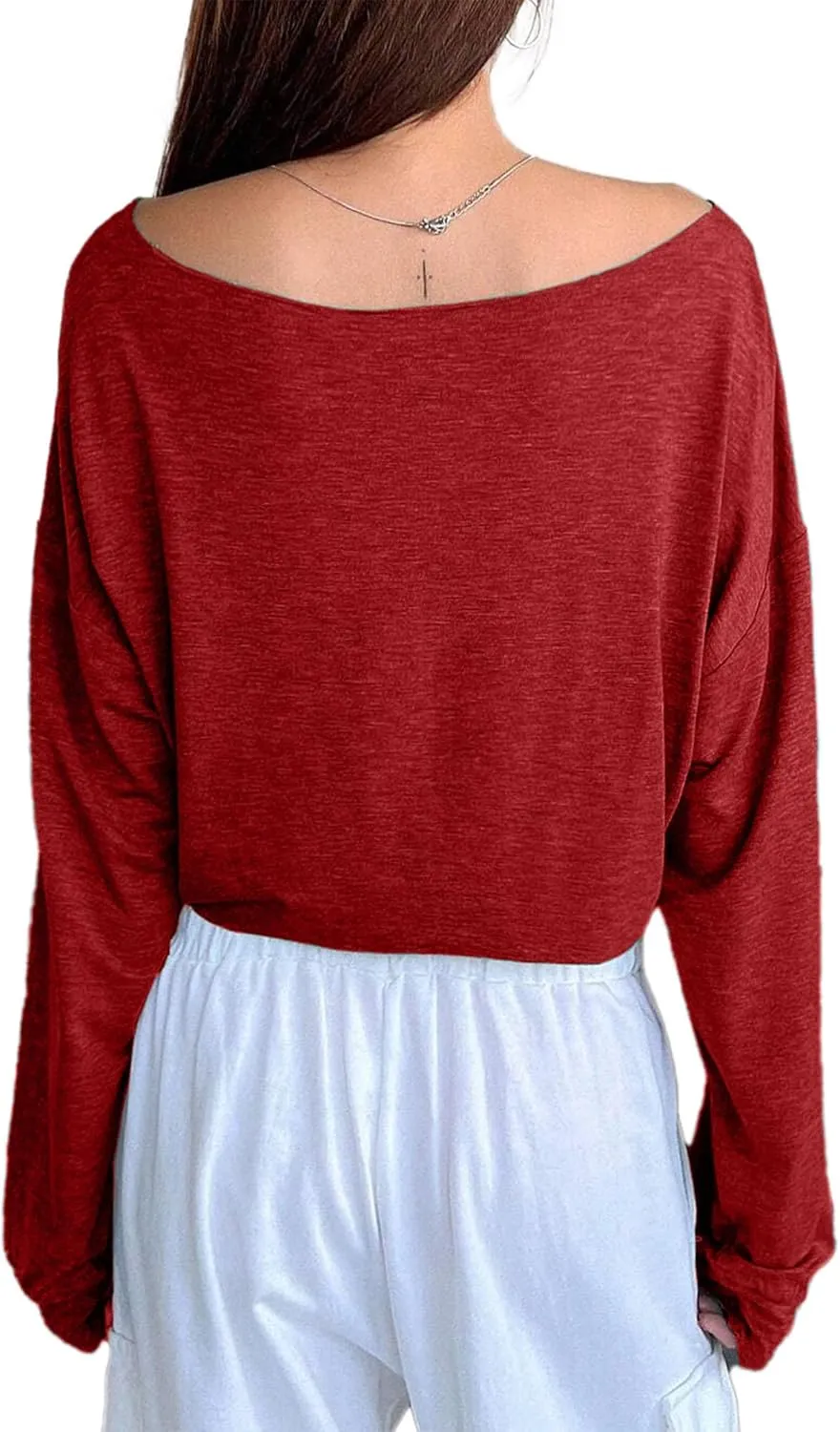 Avanova Women Off Shoulder Boat Neck Crop Tops Long Sleeves Oversized Loose Tee Shirts