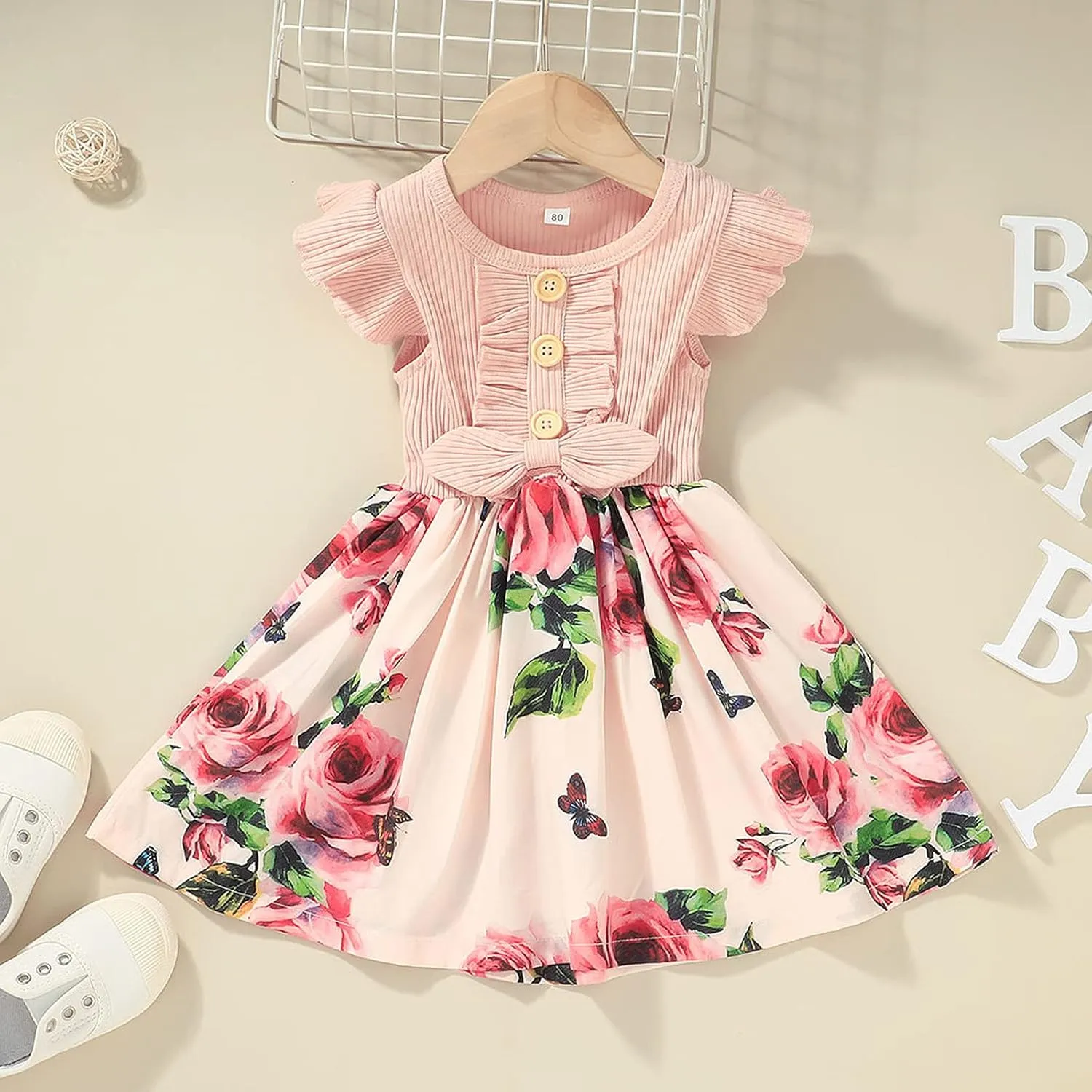 Baby Girl Dress Toddler Graduation Dress Short Ruffle Sleeve Girls Dress Summer Floral Graphic Infant Dress Sundress