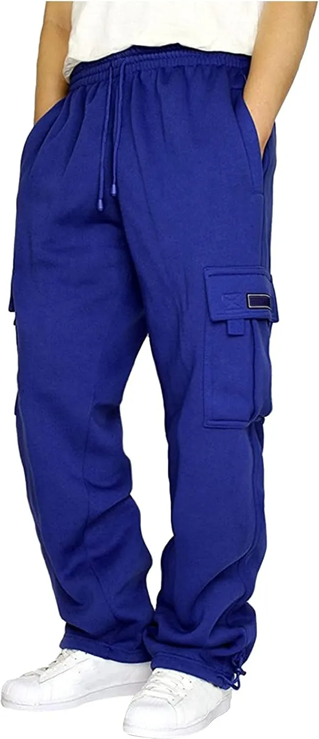 Baggy Cargo Sweatpants for Men Plus Size Drawstring Waist Joggers with Pockets Open Bottom Athletic Sweat Pants