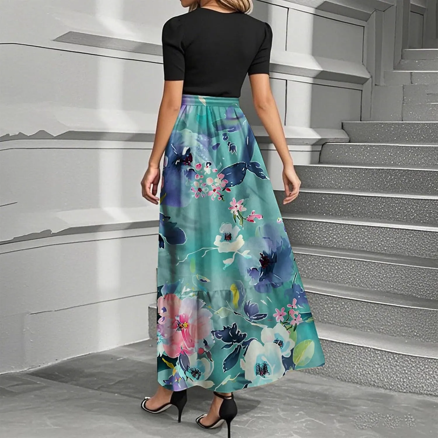 Beach Dress for Wedding Guest Plus Size Floral Wrap Maxi Dress Short Sleeve Boho Outfit