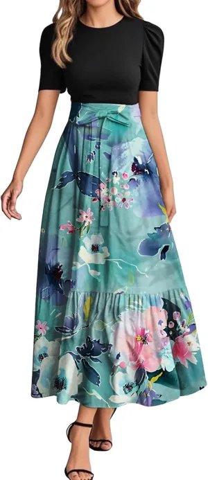 Beach Dress for Wedding Guest Plus Size Floral Wrap Maxi Dress Short Sleeve Boho Outfit
