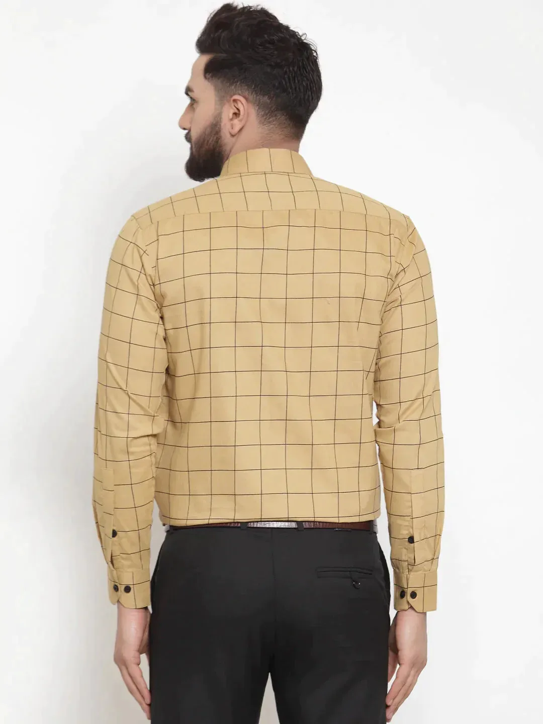 Beige Men's Cotton Checked Formal Shirts
