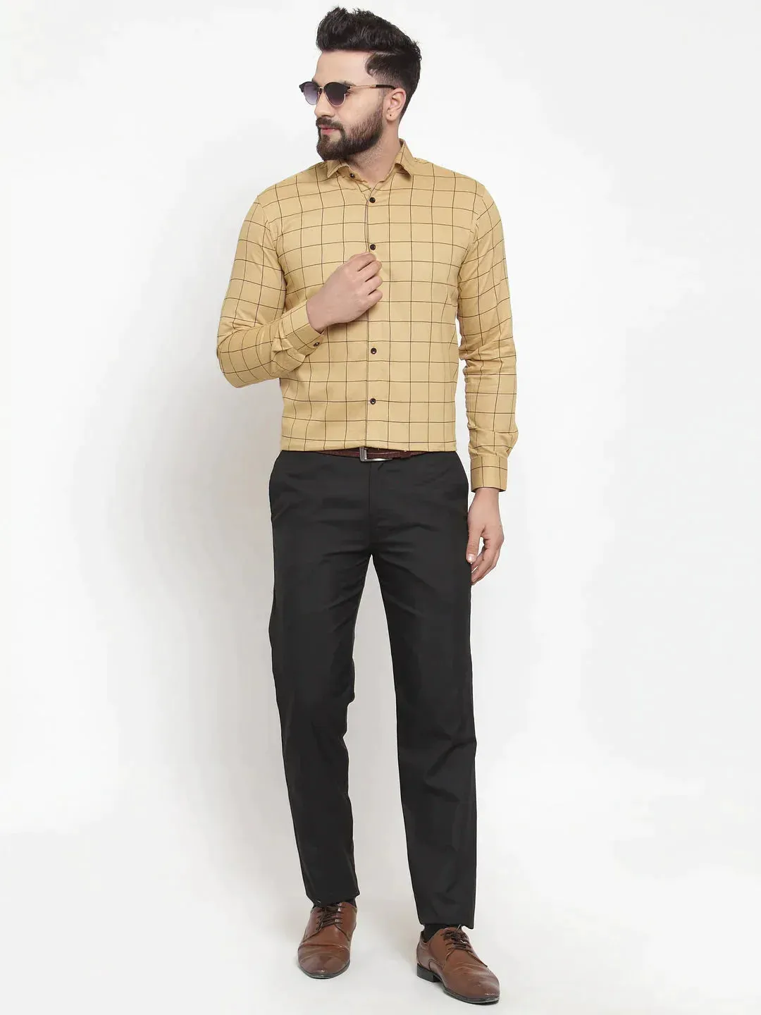 Beige Men's Cotton Checked Formal Shirts