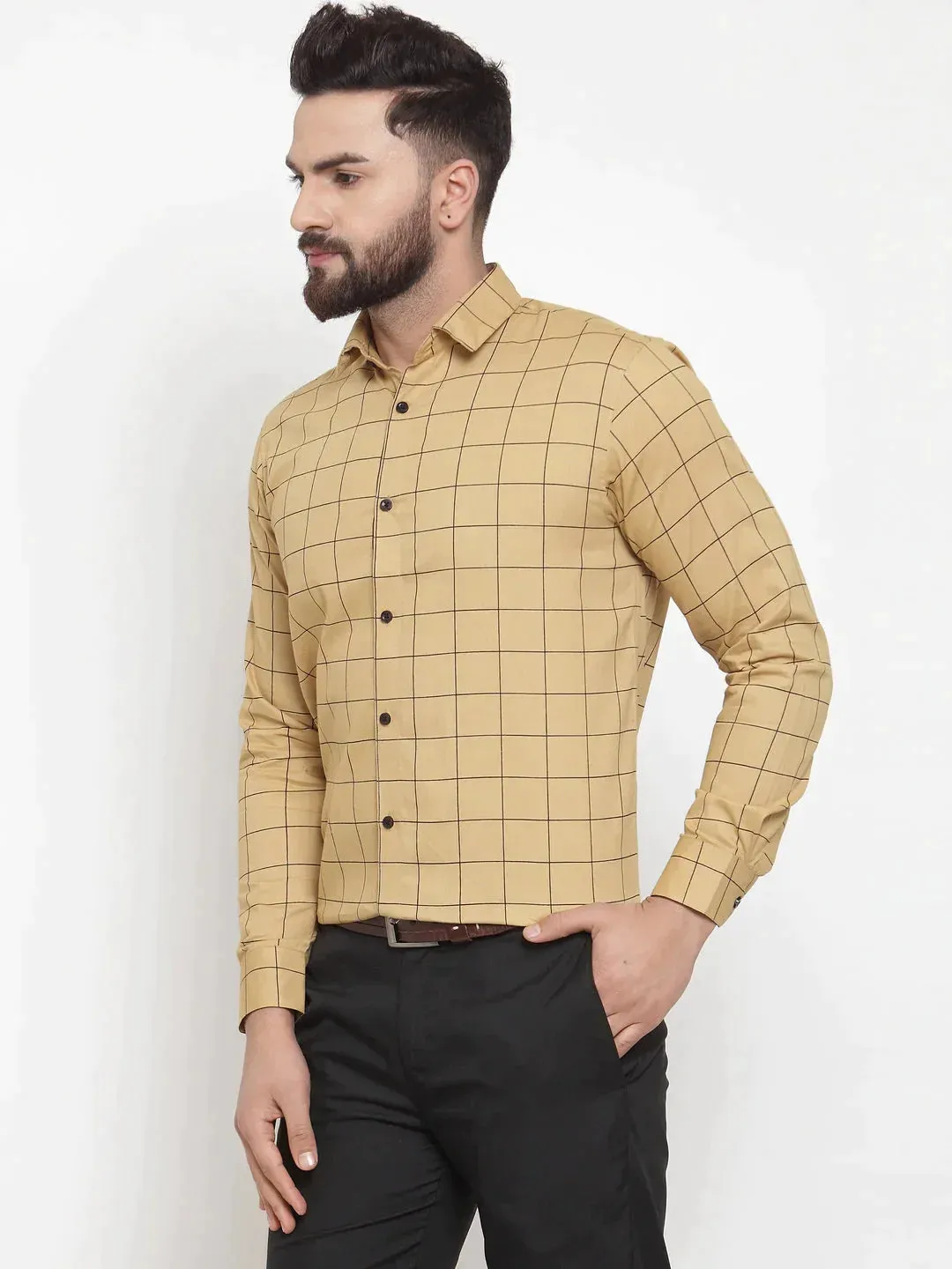 Beige Men's Cotton Checked Formal Shirts