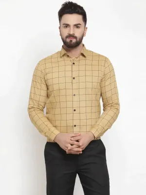 Beige Men's Cotton Checked Formal Shirts