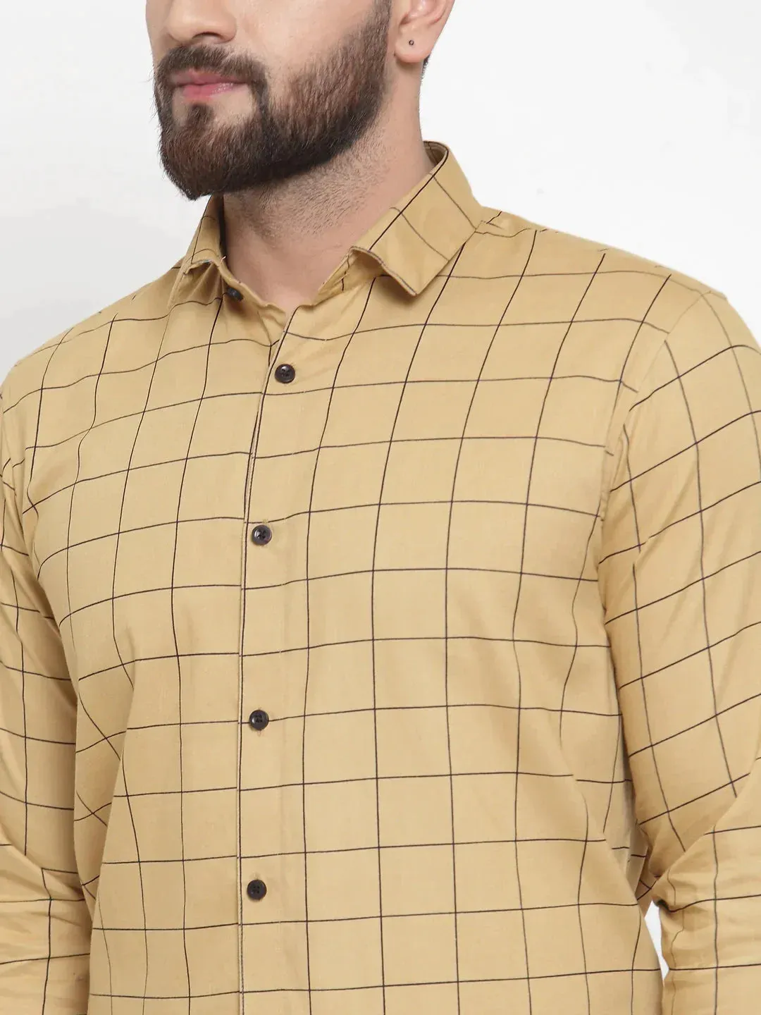 Beige Men's Cotton Checked Formal Shirts