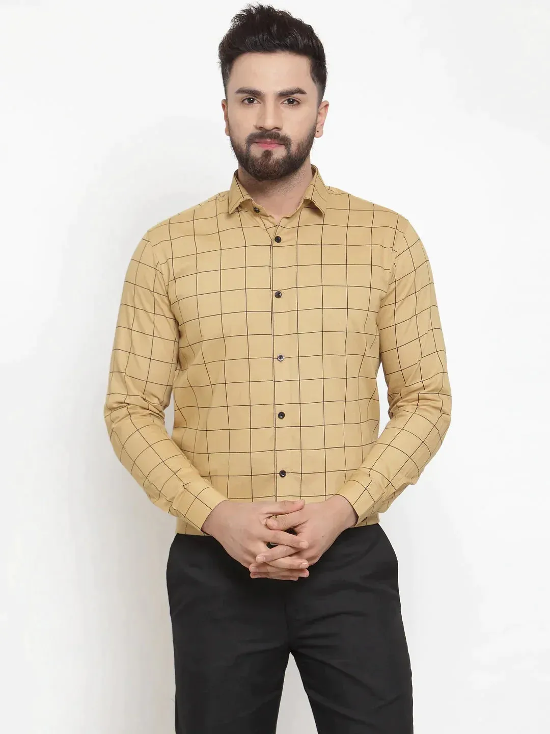 Beige Men's Cotton Checked Formal Shirts