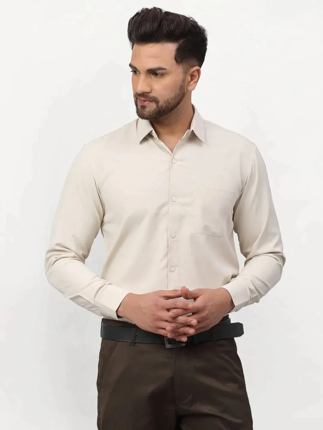 Beige Men's Solid Formal Shirts
