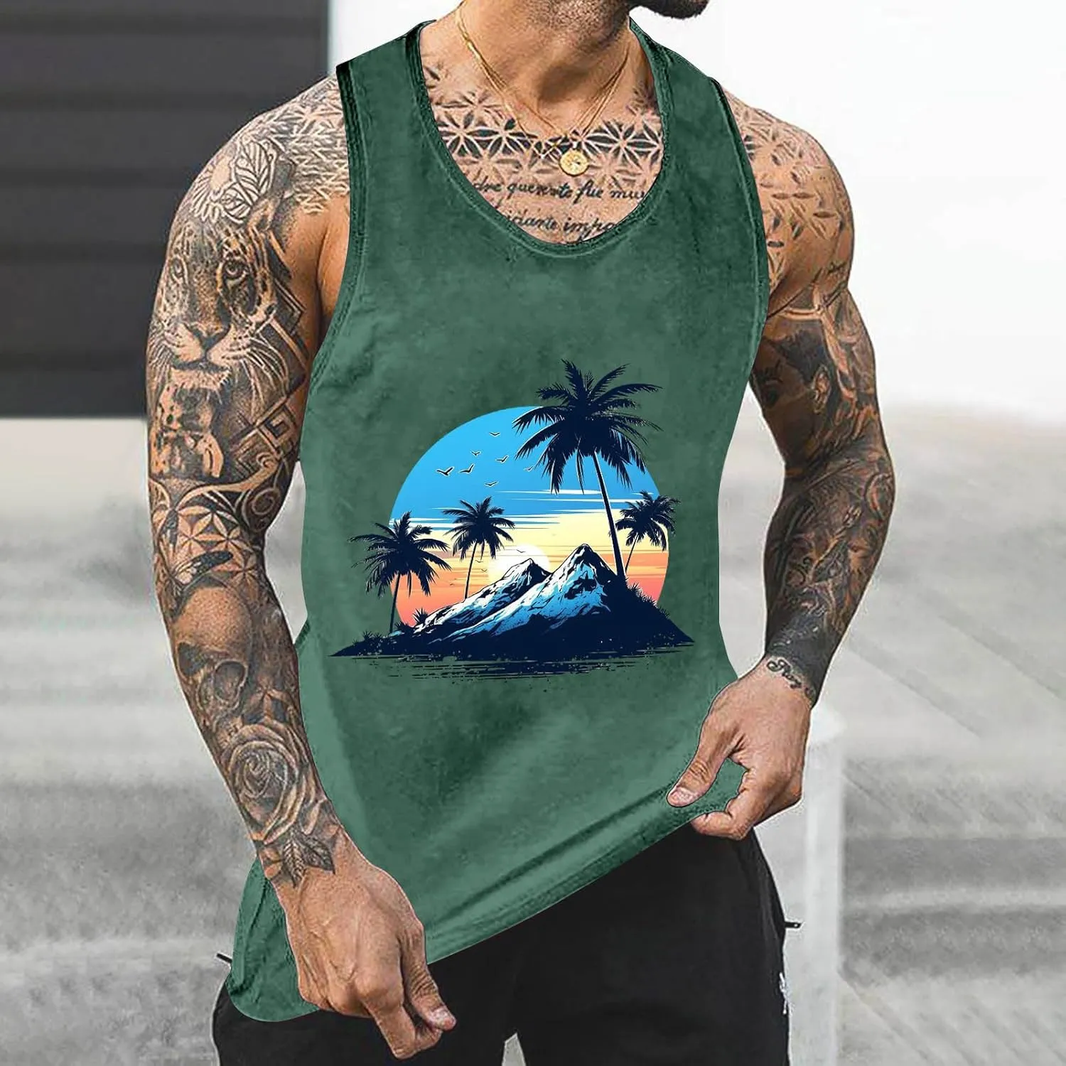 Big and Tall Graphic Tank Tops for Men Sleeveless Palm Tree Shirts Pullover Loose Running Workout Tops Muscle Vest