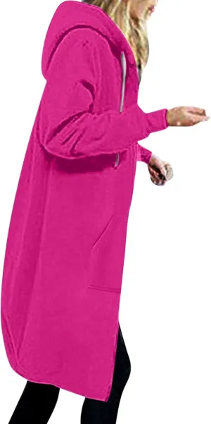 Binmer Women Casual Zip up Fleece Hoodies Plus Size Knee Length Tunic Sweatshirts Long Sleeve Fall Hooded Jacket with Pocket