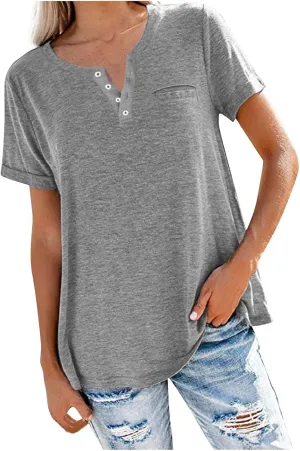 Binmer Women's Causual V Neck Short Sleeve Shirts Henley Tops 2024 Summer Loose Fit Solid Button Down Collar Tunic Blouse