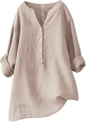 Binmer Womens Linen V Neck Button Down Shirts Oversized Long Sleeve Casual Blouse Loose Fit Solid Tunic Tops Plus Size